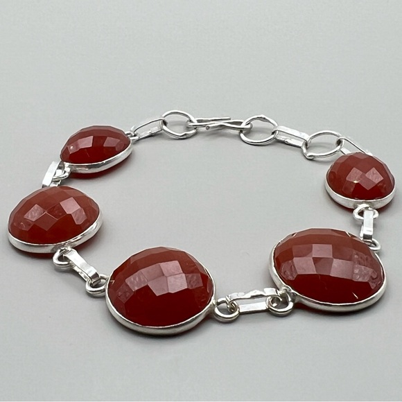 New Checkerboard Faceted Carnelian Crystal Stone Silver Overlay Bracelet 7” 7.5” - Picture 3 of 7